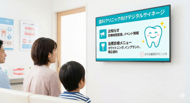 歯科クリニック内のデジタルサイネージで歯科医院についてお知らせしている画像