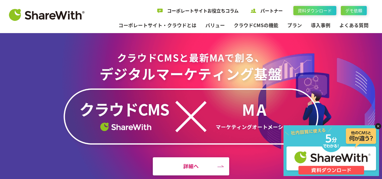 オウンドメディア向けのCMS・プラットフォームを扱う野村インベスター・リレーションズ株式会社「ShareWith」公式サイトキャプチャ画像