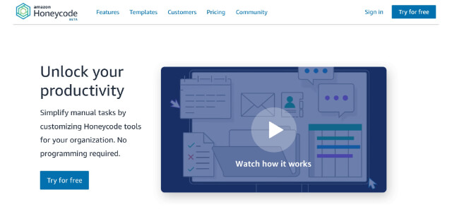 ノーコード開発ツールのAmazon honeycodeの公式サイト画像