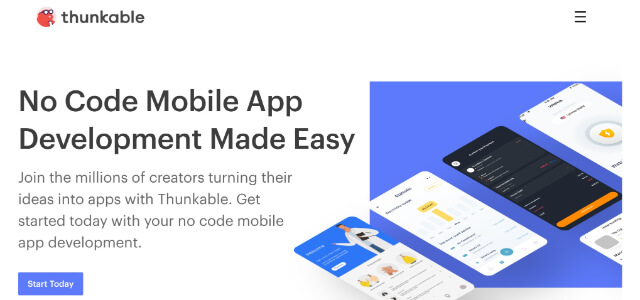 ノーコード開発ツールのThunkableの公式サイト画像