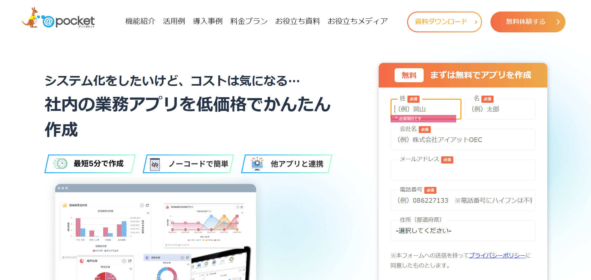 ノーコード開発ツールのアットポケットの公式サイト画像