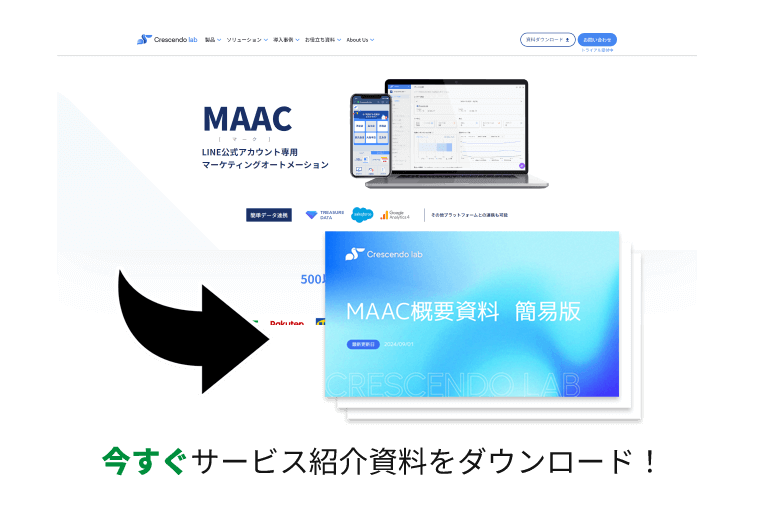 AIを活用した高精度なLINEのCRM・MAツール「MAAC（マーク）」の資料ダウンロードページ