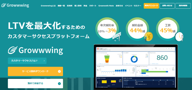 カスタマーサクセスツールのGrowwwing（株式会社ユニリタ）公式サイトキャプチャ画像