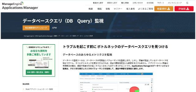 データベース監視ツールのデータベースクエリ公式サイトキャプチャ画面