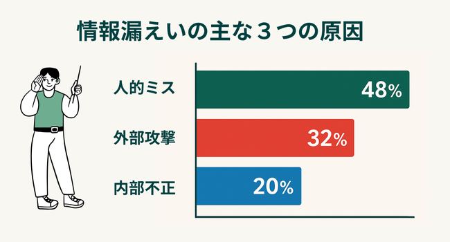 情報漏えいの主な3つの原因 人為ミス48%,外部攻撃32%,内部不正20%