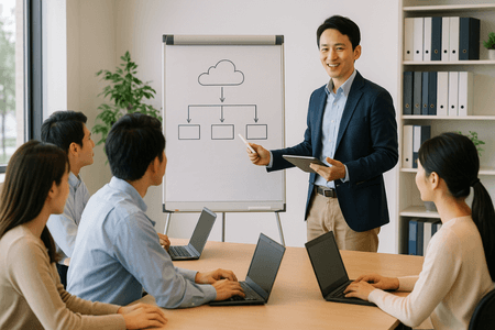 研修担当者がクラウドシステムの図を使ってSES研修を行っている様子。