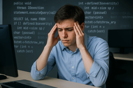 頭を抱えてコードエラーに悩むプログラマーの男性