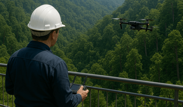 森林でドローンレーザ測量を行う技術者。