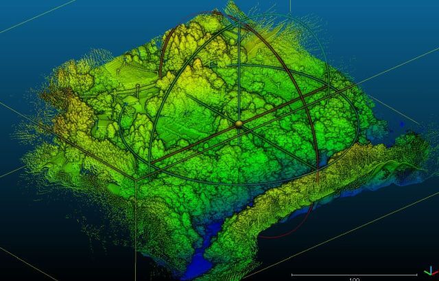 ローンレーザ測量（LiDAR）の点群データを3D表示した図