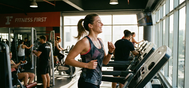 フィットネスジムでランニングマシンを使う女性会員