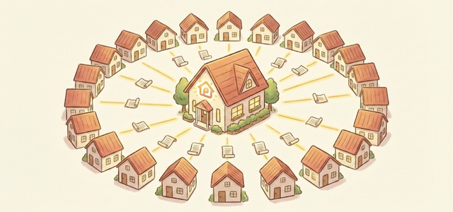 住宅フランチャイズの仕組みを、中心の本部と周囲の加盟店がつながるイメージで表したイラスト