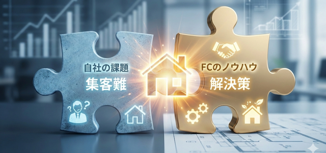 住宅フランチャイズのノウハウが、自社の集客課題を解決するイメージをパズルのピースで示した図