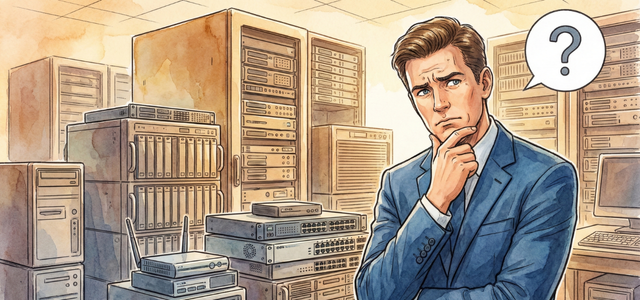 老朽化したサーバーが並ぶ中で、保守方法に悩む担当者