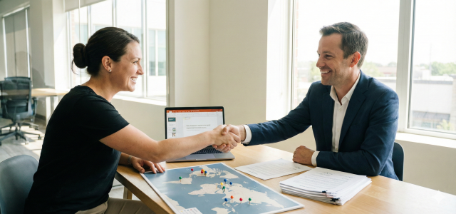 フランチャイズコンサルティングで加盟・出店拡大について相談し合意する打ち合わせ風景