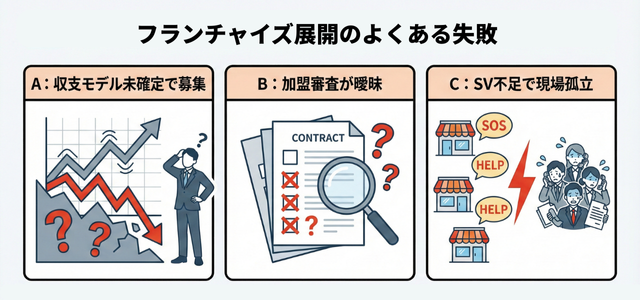 フランチャイズ展開でよくある失敗例を示した図
