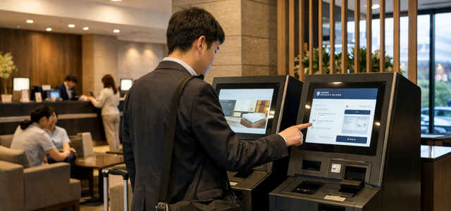 ホテルのロビーで自動チェックイン機を操作する宿泊客の様子