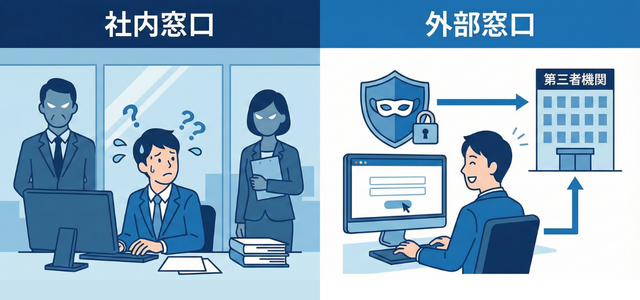 社内窓口と外部窓口による内部通報の違いを比較した図