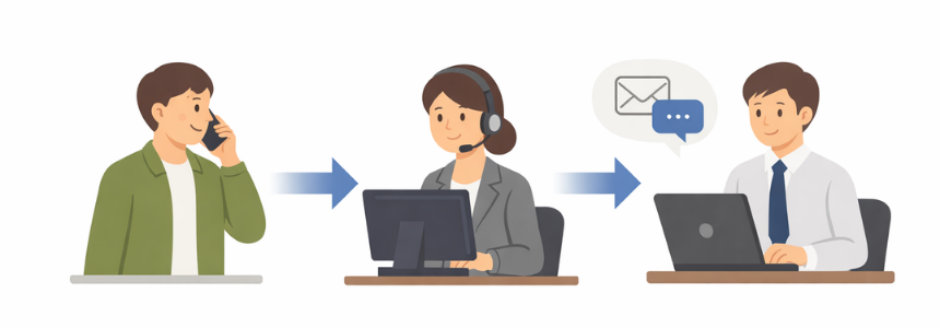 電話代行を利用して、問い合わせ対応を外注し担当者へ引き継ぐイメージ図