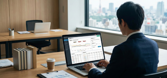 価格調査ツールの管理画面を確認しているビジネスパーソンの写真
