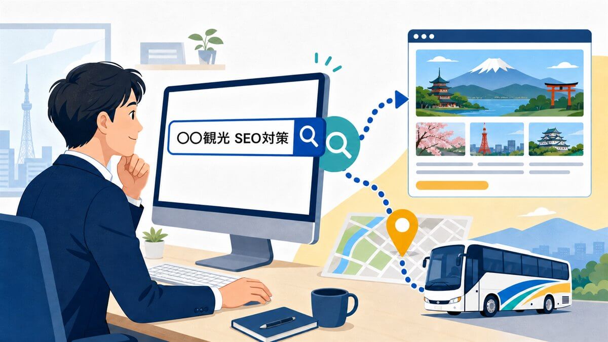 観光バス会社がWebでSEO対策を行うイメージ