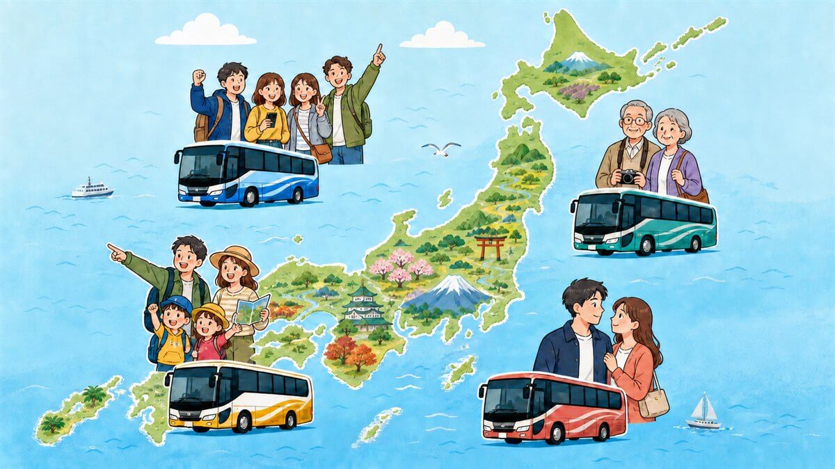観光バスのターゲット別の利用者と日本地図